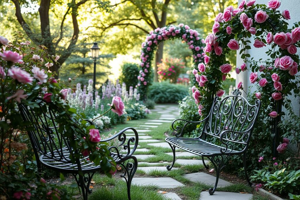 A quaint and charming garden nestled amidst a cozy, romantic atmosphere. In the foreground, a delicate wrought-iron bench is adorned with cascading vines and blooming flowers, inviting visitors to sit and bask in the tranquility. The middle ground features a meandering stone path leading through a lush array of fragrant perennials, their vibrant hues complemented by the soft, dappled sunlight filtering through the trees overhead. In the background, a decorative garden arch covered in climbing roses frames the scene, creating a sense of enchantment and timeless beauty. The overall mood is one of serene relaxation, where nature and elegance seamlessly converge to craft a truly captivating small-scale garden oasis.