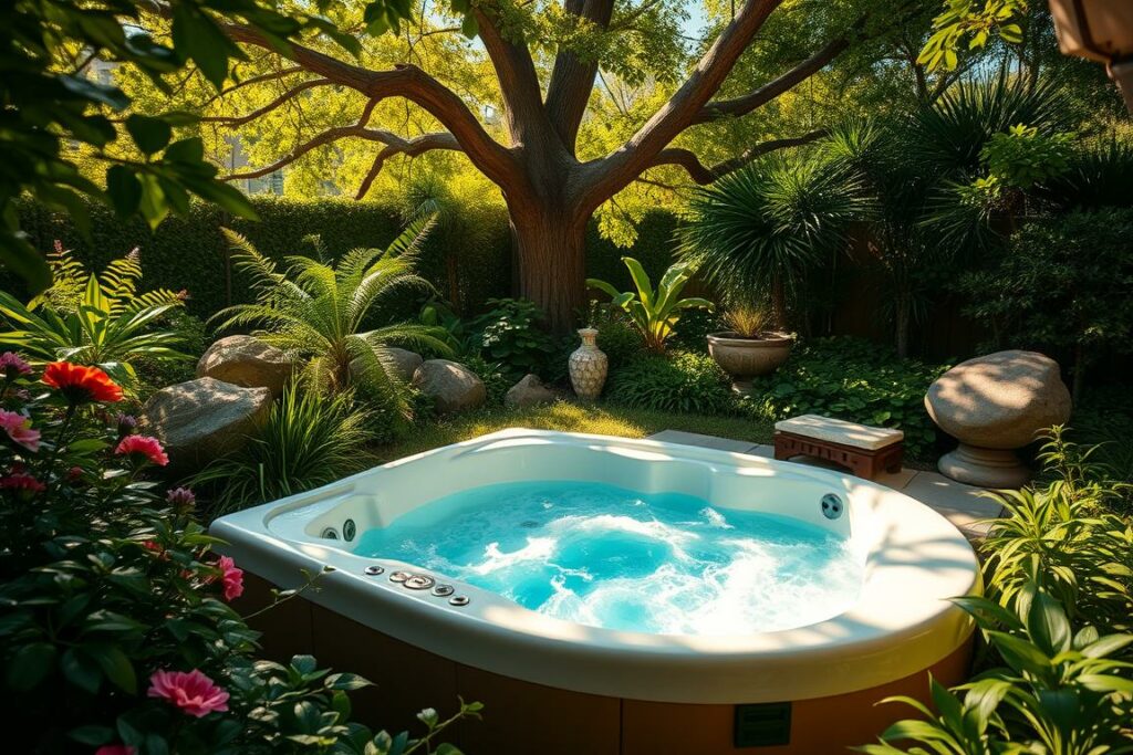 A secluded, sun-drenched corner of a lush garden, surrounded by verdant foliage and flowering plants. The centerpiece is a sleek, gleaming whirlpool tub, its surface gently rippling in the warm breeze. Soft, diffused lighting casts a serene glow, creating a peaceful, spa-like ambiance. Towering trees provide dappled shade, while strategically placed boulders and decorative water features add natural elements. The overall composition evokes a sense of tranquility and escape, inviting the viewer to imagine sinking into the warm, bubbling waters and leaving the stresses of the day behind.