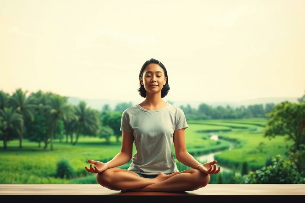 A serene and contemplative scene depicting the various aspects of mental health. In the foreground, a person sits in a meditative pose, their face reflecting a sense of inner peace and calm. The middle ground features a lush, verdant landscape with swaying trees and a gentle stream, symbolizing the importance of connecting with nature for mental well-being. In the background, a soft, pastel-hued sky with wispy clouds creates a calming and tranquil atmosphere. The lighting is soft and diffused, casting a warm, soothing glow over the entire scene. The overall composition conveys a sense of balance, harmony, and the essential role of mental health in our overall well-being.