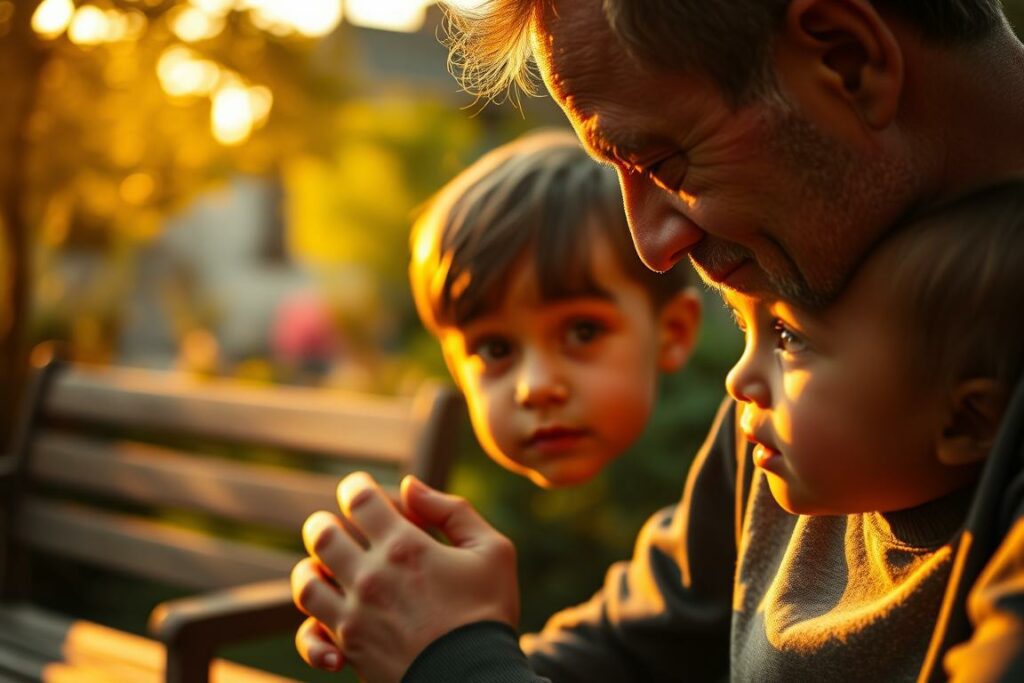 A serene, contemplative scene of a father and child deep in conversation, their faces aglow with the warm, golden light of a sunset. The father's hand gently rests on the child's shoulder, his expression one of wisdom and care as he imparts a life lesson. The child's eyes are wide with rapt attention, their body language conveying a sense of trust and openness. In the soft, blurred background, a tranquil garden with lush foliage and a wooden bench hints at the nurturing, peaceful environment. The overall mood is one of profound connection, highlighting the deep significance of the parent-child relationship and the power of education to shape young minds.