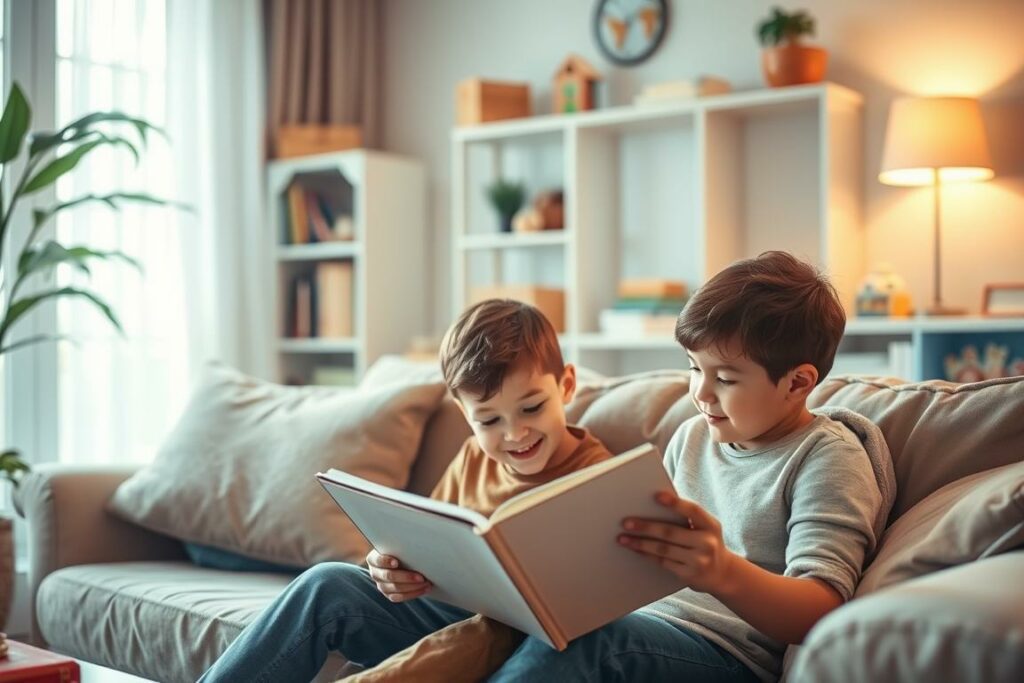 A serene domestic scene showcasing the key prerequisites for successful child-rearing. In the foreground, a warm, cozy living room with soft lighting and plush furnishings, conveying a sense of comfort and security. In the middle ground, a smiling parent reading a storybook to an attentive child, symbolizing the importance of quality time and nurturing. In the background, educational toys, learning materials, and a calm, contemplative atmosphere, representing the need for a stimulating environment and structured guidance. The overall mood is one of tranquility, care, and the foundations necessary for raising a happy, well-adjusted child.