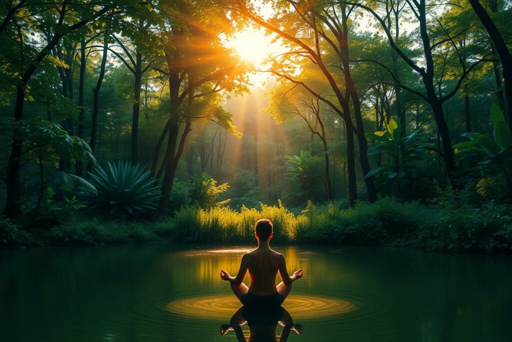 A serene forest glade, the sun's golden rays filtering through the verdant canopy, casting a warm, tranquil glow. In the foreground, a tranquil pond reflects the surrounding nature, its still waters a mirror for the passing clouds. A lone figure, seated in a lotus position, gazes inward, their face radiating a sense of peaceful contemplation. The soft rustling of leaves and the distant call of a bird create a soothing, immersive soundscape, inviting the viewer to pause and become one with the natural world.