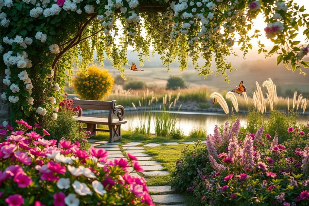 A serene garden oasis, the foreground filled with lush, vibrant flower beds in soft hues of pink, purple, and white. Trailing vines and cascading blooms frame a quaint stone path leading to a charming wooden bench nestled beneath a canopy of delicate, overhanging foliage. In the middle ground, a tranquil pond reflects the gentle sway of ornamental grasses and the silhouettes of fluttering butterflies. The background is softly blurred, hinting at a picturesque countryside landscape bathed in the warm, golden glow of an evening sun, casting a romantic, dreamlike ambiance over the entire scene.