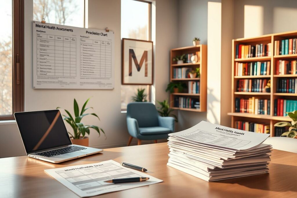 A serene medical office setting, bathed in warm, natural lighting from large windows. In the foreground, a desk with a laptop, pen, and stack of paperwork labeled "Mental Health Assessments". A medical chart hangs on the wall, displaying psychological evaluation diagrams and test results. The middle ground features a comfortable chair for the patient, surrounded by soothing artwork and plants, creating a calming atmosphere. In the background, bookcases filled with reference materials on mental health topics. The overall scene conveys a professional, yet welcoming environment for conducting thorough mental health evaluations.