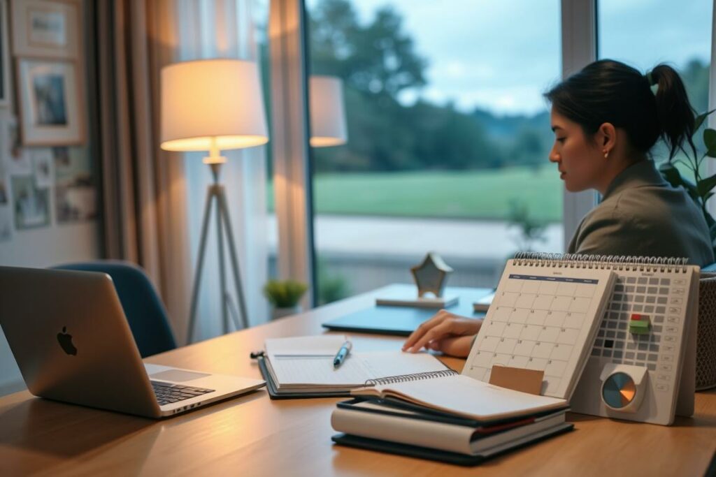 A serene office setting with a desk, laptop, and various time management tools - a planner, a calendar, and a desk organizer. In the foreground, a person sits at the desk, contemplating their schedule with a focused expression. Soft, warm lighting from a nearby lamp creates a cozy, productive atmosphere. The background features a large window overlooking a tranquil outdoor scene, hinting at a harmonious work-life balance. The overall composition conveys a sense of organization, efficiency, and a deliberate approach to managing one's time and responsibilities.