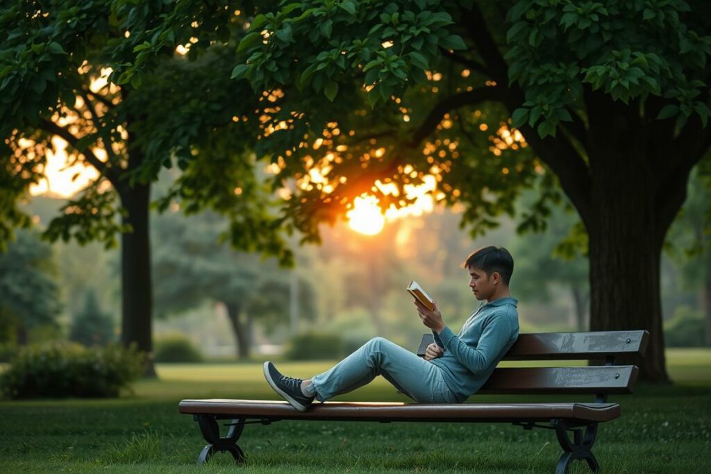 A serene park scene, with a person relaxing on a bench under a canopy of lush, verdant trees. The figure is dressed casually, reading a book and sipping a hot beverage, conveying a sense of tranquility and balance. The background features a gentle, golden sunset, casting a warm, inviting glow over the scene. The composition is well-balanced, with the person in the center, surrounded by the natural elements. The lighting is soft and diffused, creating a peaceful, contemplative atmosphere. A sense of harmony and contentment permeates the image, reflecting the importance of leisure and personal time for a fulfilling work-life balance.