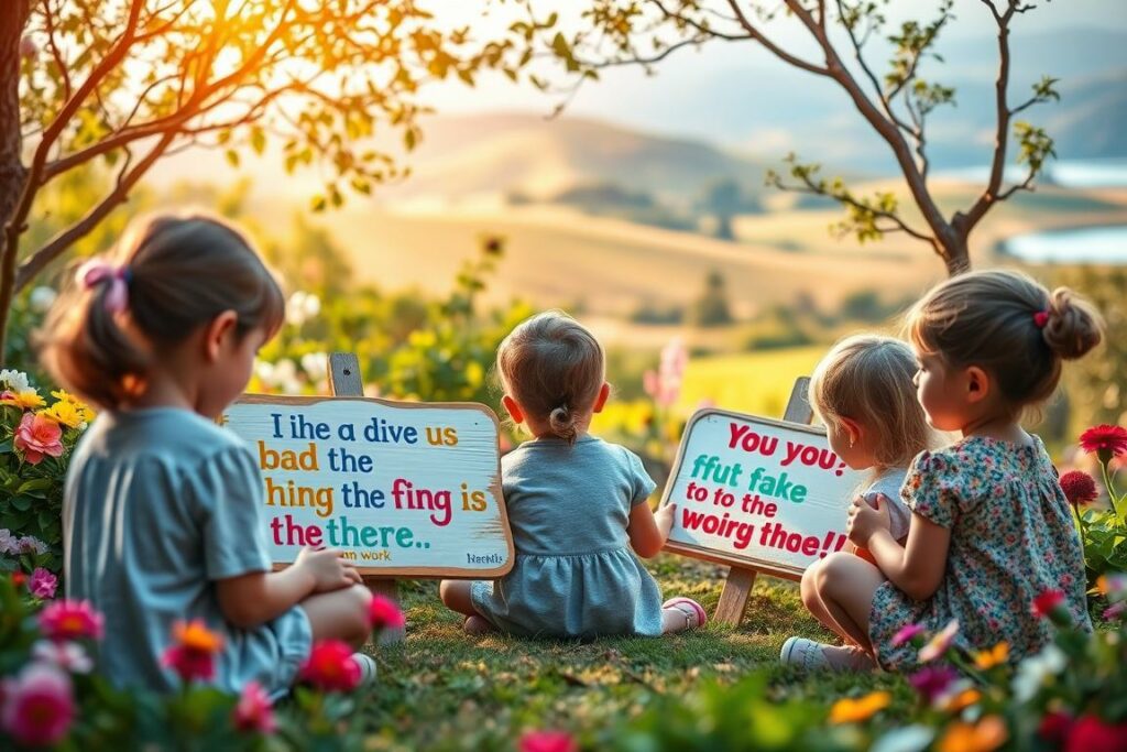 A serene, peaceful scene of children exploring and engaging with uplifting quotes or affirmations on colorful, hand-painted wooden signs. The foreground features a group of young kids sitting or standing, gazing thoughtfully at the inspirational messages. The middle ground showcases a lush, whimsical garden setting with vibrant flowers, lush greenery, and a soft, diffused natural lighting. In the background, a warm, sun-dappled landscape with rolling hills or a tranquil lake creates a calming, pastoral atmosphere. The overall mood is one of wonder, positivity, and the power of wisdom to nurture a child's personal growth and development.