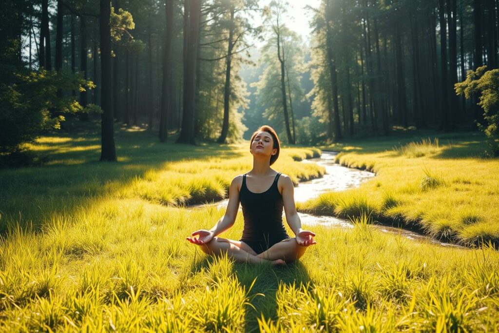 A serene, sunlit meadow, with lush green grass and a gentle stream meandering through. In the foreground, a figure sits cross-legged, eyes closed, hands resting on knees, exuding an aura of tranquility and inner peace. The background features a wooded forest, its tall trees casting soft, dappled shadows over the scene. The lighting is warm and natural, creating a sense of calm and relaxation. The overall mood is one of mindfulness, balance, and the triumph of inner strength over external stressors.