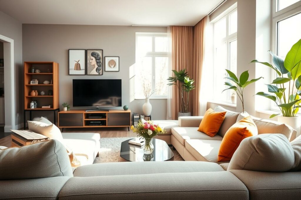 A sophisticated living room filled with elegant, modern decor. Sunlight streams through large windows, casting a warm glow over the space. In the foreground, a plush, neutral-toned sofa is accented with vibrant throw pillows. On the coffee table, a minimalist vase holds a small bouquet of fresh flowers. The middle ground showcases a sleek, wooden entertainment unit displaying artful trinkets and a large, flatscreen TV. The background reveals tasteful wall art and a lush, indoor plant in the corner, complementing the overall harmonious aesthetic. The scene exudes a sense of comfort and sophistication, reflecting the "dekorative Wohnideen" theme.
