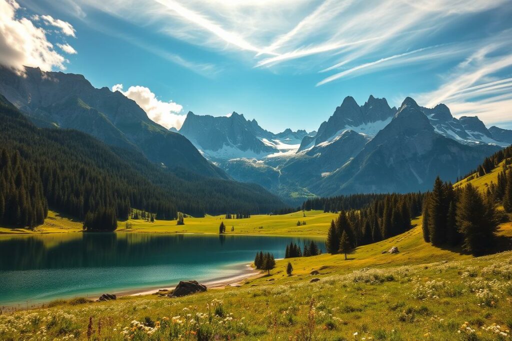 A sprawling alpine landscape in the heart of Bavaria, Germany. In the foreground, a serene mountain lake reflects the rugged peaks and lush forests surrounding it. Sunlight filters through wispy clouds, casting a warm, golden glow over the scene. In the middle ground, verdant meadows dotted with wildflowers stretch out towards the base of the mountains. The background features towering, snow-capped summits reaching up towards the heavens, their jagged silhouettes cutting a dramatic profile against the azure sky. An awe-inspiring natural wonder, this picturesque setting encapsulates the breathtaking beauty and majesty of the Bavarian countryside.