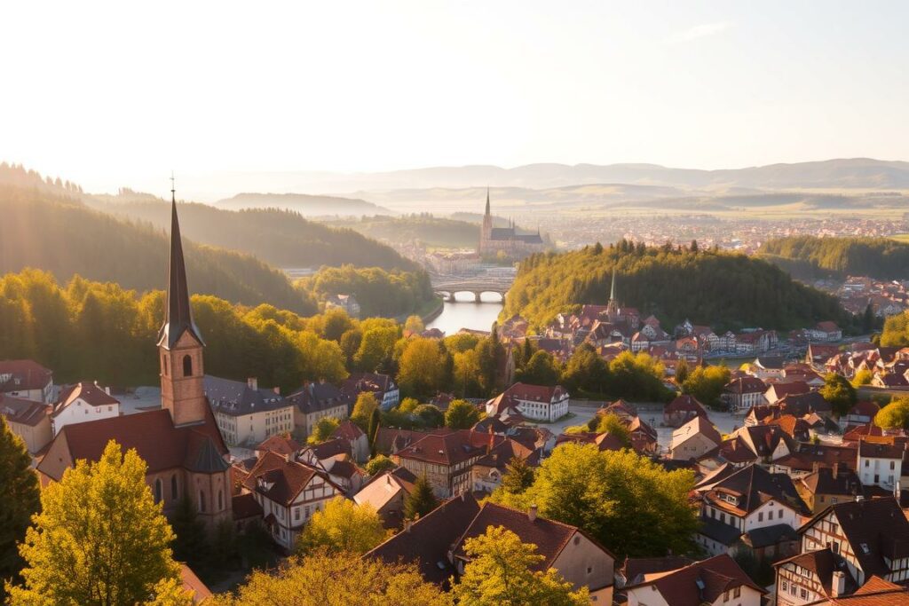 A sprawling panoramic view of historic Bavarian towns nestled among rolling hills and lush forests, bathed in warm golden light. In the foreground, a charming medieval town with colorful half-timbered houses and a majestic church steeple piercing the sky. In the middle ground, another town with a picturesque marketplace and a shimmering river meandering through. In the distant background, a series of towns cascading down the slopes, their spires and rooftops peeking through the verdant foliage. The scene exudes a timeless, romantic atmosphere, inviting the viewer to explore the rich architectural heritage and captivating landscapes of this enchanting region of Bavaria.