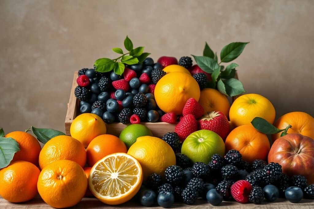 A still life composition depicting an assortment of fresh, vibrant fruits against a muted, natural backdrop. In the foreground, an array of citrus fruits - oranges, lemons, and limes - their vibrant hues contrasting with the soft, earthy tones of the background. In the middle ground, clusters of berries - plump, juicy blueberries, raspberries, and blackberries - spilling out of a wooden crate. The lighting is soft and diffused, creating gentle shadows that accentuate the textures and shapes of the produce. The overall mood is one of health, vitality, and the nourishing bounty of nature, inviting the viewer to discover the immune-boosting properties of these fresh, colorful fruits.