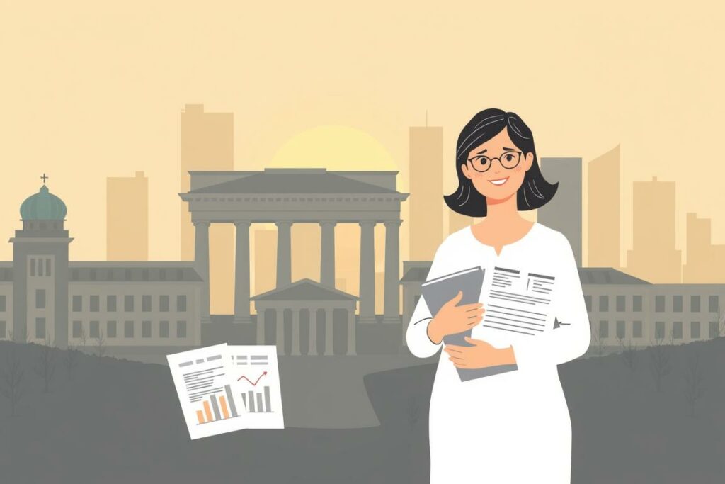 A stylized illustration of "Mütterrente Änderungen 2023" against a backdrop of a modern German cityscape. In the foreground, a mother figure stands proudly, holding a bundle of documents representing the updated pension regulations. Behind her, the iconic architecture of Berlin's skyline is illuminated by warm, golden light, symbolizing the progress and advancements in the social welfare system. Soft, muted tones create a sense of optimism and hope, while subtle details such as financial charts and policy documents in the middle ground provide context. The overall composition conveys a message of empowerment, transparency, and the positive impact of the 2023 changes to the Mütterrente program.