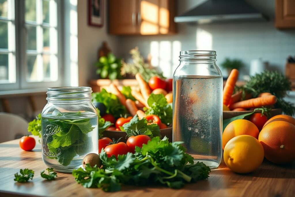 A sun-dappled kitchen table laden with a variety of fresh, vibrant produce - crisp salad greens, ripe tomatoes, crunchy carrots, and juicy citrus fruits. In the foreground, a glass jar filled with clear, filtered water, a symbol of hydration. Subtle natural lighting filters in through a large window, casting a warm, inviting glow over the scene. The overall mood is one of simplicity, nourishment, and the joy of discovering the foundations of healthy eating for beginners.