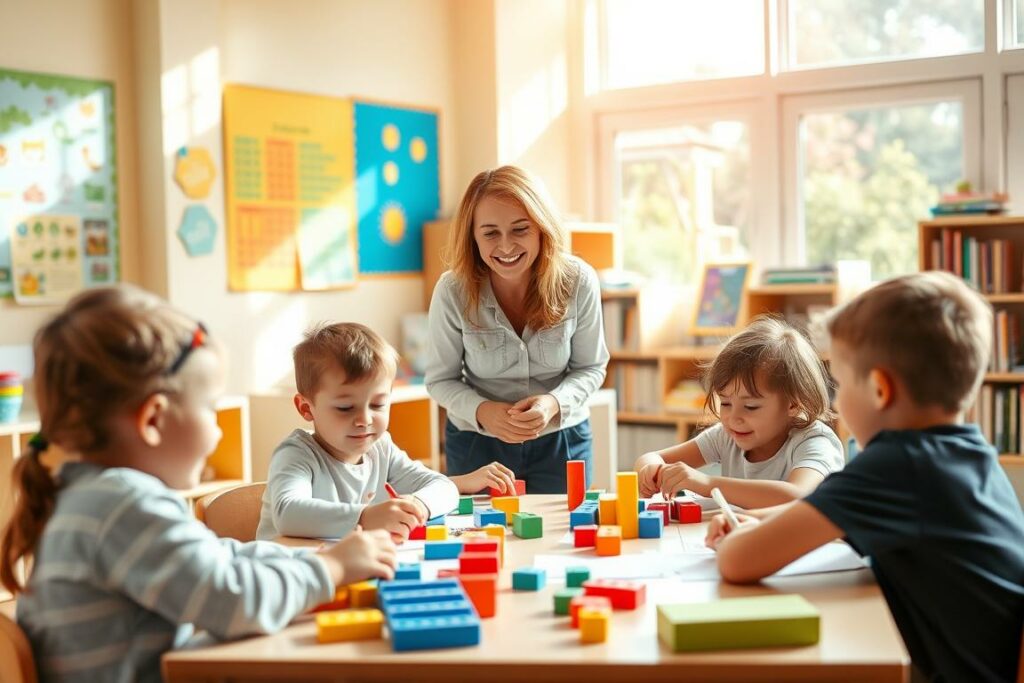 A sunny, warm classroom setting with a group of children engaged in various educational activities. In the foreground, a group of young students seated around a table, their faces filled with curiosity and enthusiasm as they work on hands-on projects, such as building blocks or drawing. In the middle ground, a caring teacher standing nearby, guiding and encouraging the children, with a warm, nurturing expression. The background features colorful educational posters, shelves filled with books, and large windows that let in natural light, creating a bright and inviting atmosphere. The overall scene conveys the joy and importance of childhood education, with a focus on the valuable role of the teacher in shaping young minds.