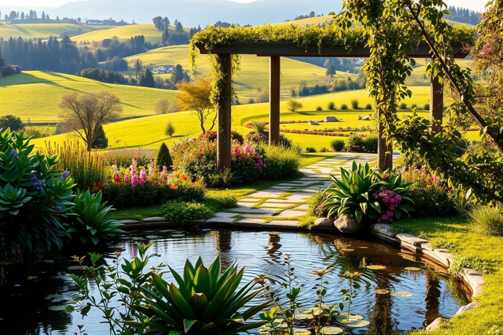 A tranquil garden oasis, with a harmonious blend of lush foliage, vibrant blooms, and meandering pathways. The foreground features a serene pond, its surface gently rippling, surrounded by a tapestry of verdant plants and colorful flowers. In the middle ground, a tastefully designed pergola casts soft, dappled shadows, inviting one to pause and admire the natural beauty. The background is dominated by a verdant, rolling landscape, with distant trees and hills creating a sense of depth and scale. The lighting is warm and golden, creating a welcoming and inviting atmosphere, perfectly capturing the essence of a well-planned and thoughtfully designed garden.