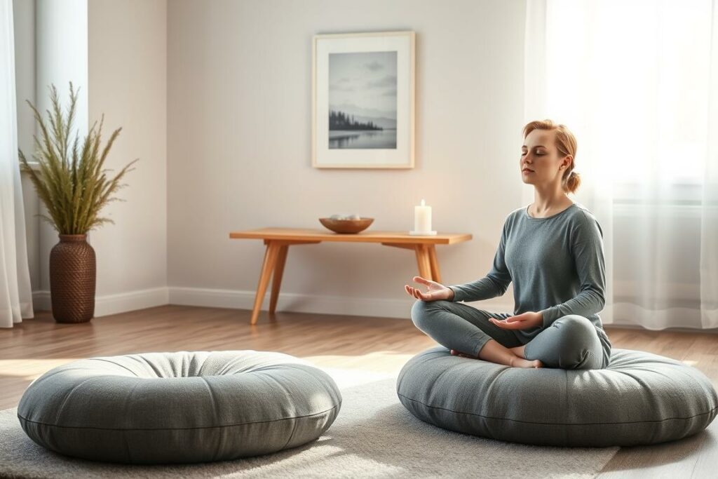 A tranquil meditation space, bathed in soft, natural light filtering through a window. In the foreground, a person sits cross-legged on a plush, gray meditation cushion, eyes closed, palms resting gently on their lap. The middle ground features a minimalist, Scandinavian-inspired wooden table with a bowl of smooth river stones and a single lit candle, casting a warm glow. The background showcases a calming, neutral-toned wall, adorned with a simple, framed print of a serene, natural landscape. The overall scene radiates a sense of inner peace, focus, and mindfulness, capturing the essence of "Achtsamkeitsübungen" - the practice of present-moment awareness.