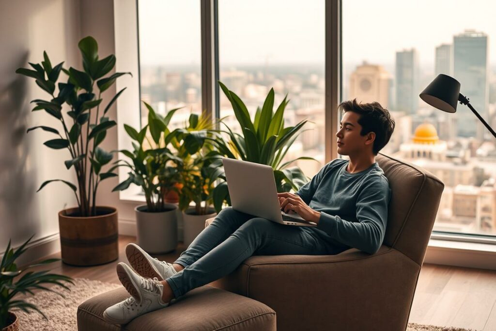 A tranquil scene depicting the essence of work-life balance for Generation Z. In the foreground, a young person relaxes on a plush armchair, laptop open but attention focused outward, conveying a sense of harmony. The middle ground features a lush indoor plant oasis, symbolizing the balance between professional and personal life. Warm, diffused lighting creates a cozy, contemplative atmosphere. The background showcases an expansive window overlooking a vibrant cityscape, representing the connection between work and the wider world. Minimalist, modern decor and muted color tones evoke a sense of intentionality and mindfulness. The overall composition reflects the Generation Z desire for flexibility, authenticity, and a holistic approach to life.