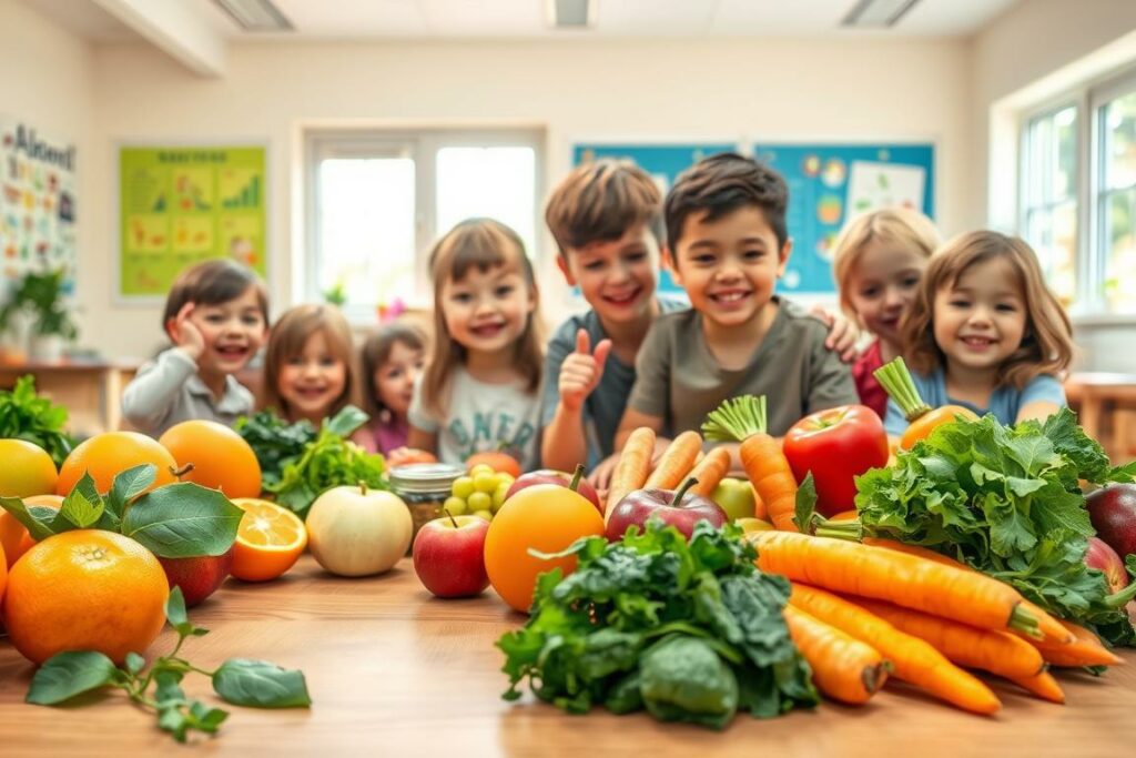 A vibrant and inviting illustration of healthy foods for children's nutrition. In the foreground, an array of colorful fruits and vegetables - juicy oranges, crisp apples, leafy greens, and crunchy carrots - artfully arranged on a wooden table. In the middle ground, a group of smiling children eagerly reaching for the nutritious snacks, conveying the joy of a balanced diet. The background features a cheerful, sun-drenched classroom setting, with educational posters and natural light streaming through the windows, creating a warm and educational atmosphere. The lighting is soft and natural, highlighting the vivid hues of the produce. The overall composition captures the importance of teaching children the fundamentals of healthy eating in a primary school environment.