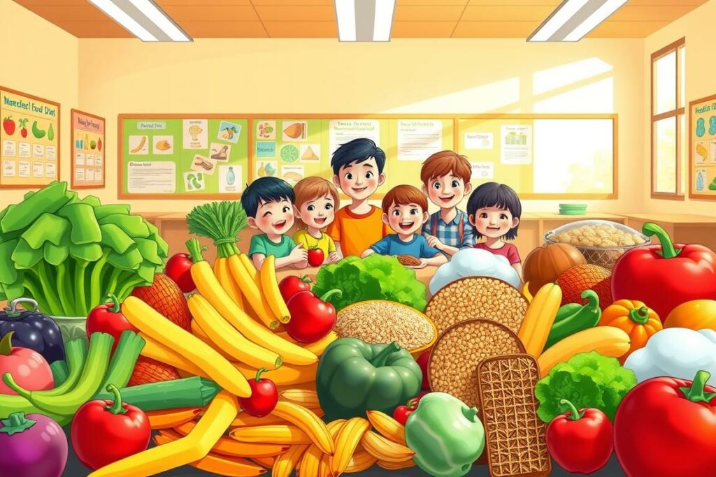 A vibrant, cheerful illustration depicting the core food groups for a healthy diet, designed for elementary school students. In the foreground, an assortment of fresh, colorful produce - crisp vegetables, juicy fruits, and whole grains - arranged in an inviting display. In the middle ground, groups of smiling children gathered around a table, enthusiastically interacting with the food. The background features a warm, sun-dappled classroom setting, with large windows and educational posters lining the walls. The lighting is soft and natural, creating a welcoming, engaging atmosphere that encourages learning about balanced nutrition. The overall scene conveys the importance of making healthy food choices from an early age, presented in a visually appealing and age-appropriate manner.
