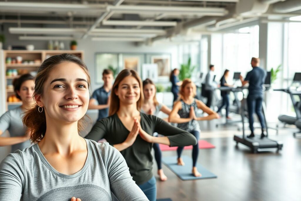 A vibrant corporate office setting, with employees engaged in various health-focused activities. In the foreground, a group of workers participating in a yoga session, their faces radiant with calm focus. The middle ground features a well-stocked break room, complete with healthy snacks and a hydration station. In the background, an open-plan workspace with natural light streaming in, and employees collaborating at standing desks or treadmill workstations. The atmosphere is one of wellness, productivity, and a harmonious work-life balance, capturing the essence of "betriebliche Gesundheitsförderung" in a modern, visually compelling manner.