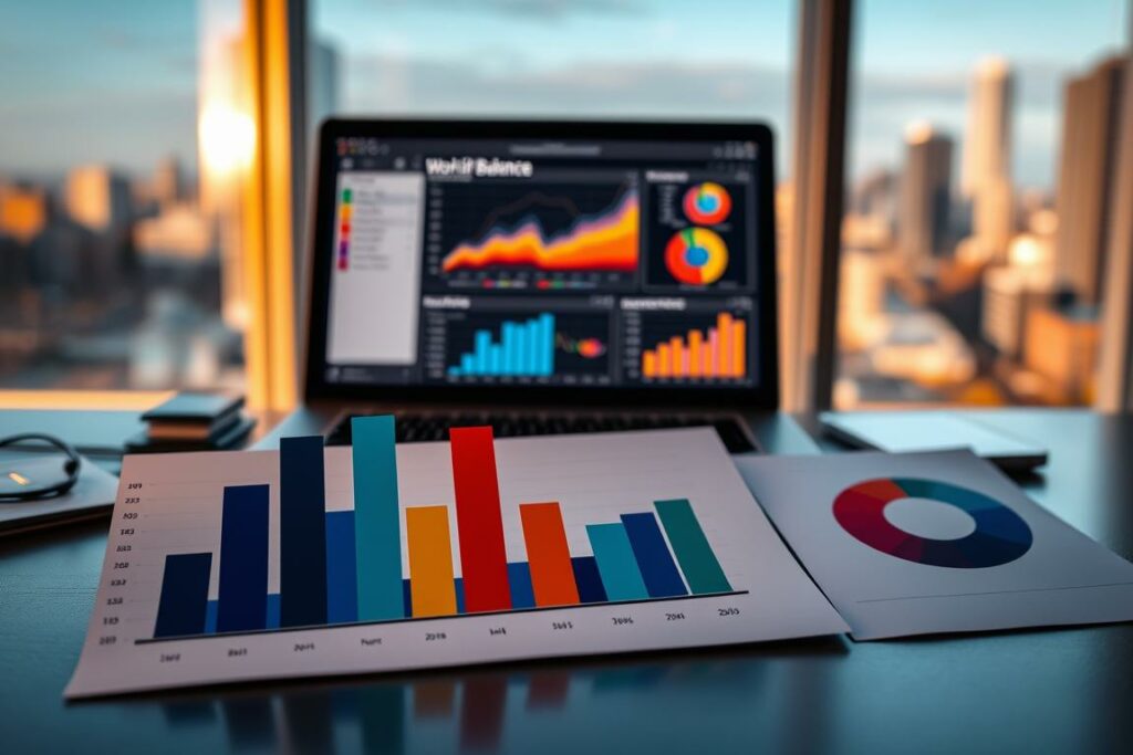 A vibrant data visualization on a sleek, minimalist desktop setup. In the foreground, a series of colorful bar graphs and pie charts illustrate key work-life balance statistics, meticulously crafted with clean lines and a sophisticated color palette. The middle ground features a laptop displaying additional analytical visualizations, bathed in soft, directional lighting that casts warm shadows across the scene. In the background, a blurred cityscape suggests the broader societal context, hinting at the work-life dynamics at play. The overall atmosphere is one of professional, data-driven insight - a harmonious balance of form and function that provides a compelling visual aid for the article's statistical analysis.