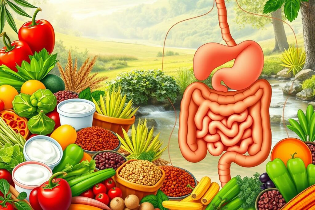 A vibrant, detailed illustration of healthy digestion and gut wellness. In the foreground, an array of nutrient-rich whole foods - fresh vegetables, fruits, whole grains, legumes, and fermented items like yogurt and kimchi. In the middle ground, a stylized cross-section of the human digestive system, with the intestines and colon highlighted in warm, earthy tones. The background depicts a soothing, natural landscape with lush greenery, a gentle stream, and soft, diffused lighting, evoking a sense of balance and harmony. The overall composition conveys the importance of a diverse, fiber-rich diet for maintaining a healthy, thriving gut microbiome.