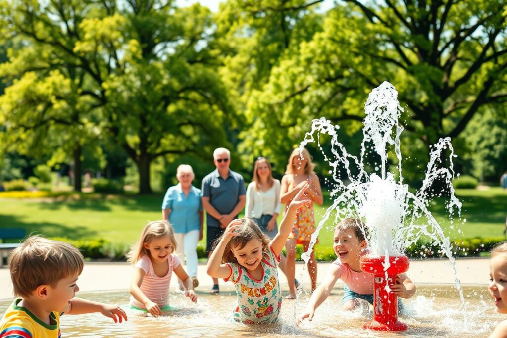 A vibrant family-friendly scene in the heart of North Rhine-Westphalia (NRW), Germany. In the foreground, a group of children playfully explore a colorful, interactive water fountain, their delighted laughter filling the air. In the middle ground, parents and grandparents watch on, smiling contentedly as they bask in the warm sunlight. The background features a lush, verdant park setting, with towering trees providing natural shade and a serene ambiance. The overall atmosphere is one of joy, relaxation, and a true sense of community, capturing the essence of the top family-friendly attractions NRW has to offer.
