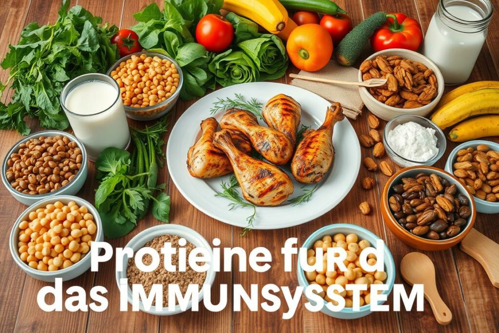 A vibrant, high-resolution image of a variety of high-protein foods arranged on a wooden table, creating a visually appealing and informative illustration of "Proteine für das Immunsystem". The centerpiece is a plate of grilled chicken, surrounded by bowls of lentils, chickpeas, and nuts. In the background, leafy greens, brightly colored fruits, and a glass of milk create a balanced, nutritious scene. The lighting is soft and natural, highlighting the textures and colors of the ingredients. The overall composition conveys the importance of protein-rich foods in supporting a healthy immune system.