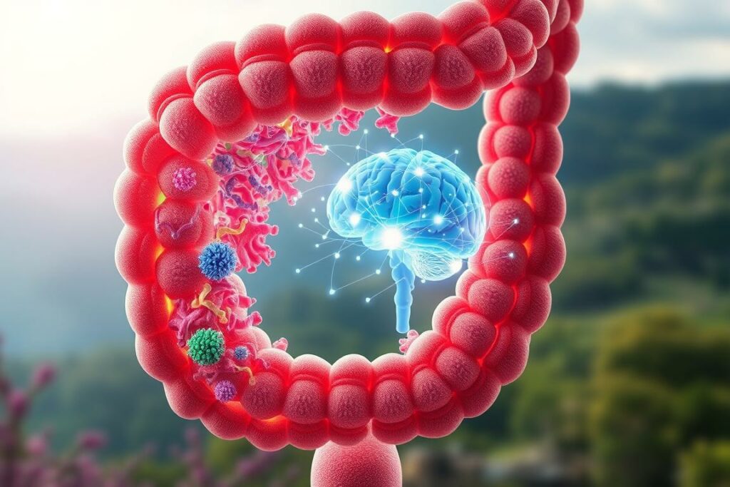 A vibrant illustration showcasing the interconnection between the gut microbiome and mental health. In the foreground, a cross-section of the intestinal tract reveals a diverse array of gut bacteria, represented by intricate, colorful shapes and textures. These microorganisms are depicted as the central players, their interactions and influences visually amplified. In the middle ground, a glowing, semi-transparent neural network symbolizes the mind, with synaptic connections pulsing and radiating outward. The background features a serene, natural landscape, suggesting the holistic, balanced relationship between the gut and the brain. Soft, diffused lighting creates a sense of harmony and wellness, capturing the essence of the "Darm und Psyche" concept. The overall composition conveys the crucial role of the gut microbiome in shaping mental health and well-being.
