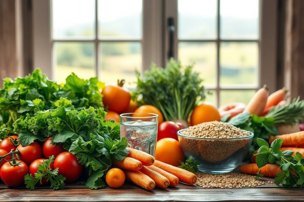 A vibrant still life depicting the benefits of healthy eating. In the foreground, an abundance of fresh fruits and vegetables - crisp greens, ripe tomatoes, juicy oranges, and crunchy carrots - artfully arranged on a rustic wooden table. The middle ground features a glass of clear, sparkling water and a bowl of hearty grains, symbolizing the importance of hydration and whole foods. In the background, a window frames a serene outdoor landscape, suggesting the connection between nutritious eating and a healthy, balanced lifestyle. Soft, natural lighting filters through, creating a warm, inviting atmosphere. The overall composition conveys a sense of vitality, nourishment, and well-being.