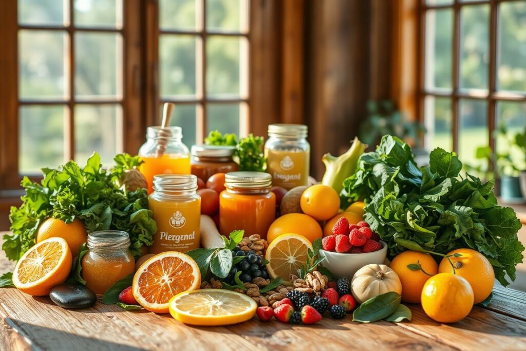 A vibrant still life showcasing a balanced selection of nutrient-rich foods that support a robust immune system. In the foreground, a variety of fresh produce such as citrus fruits, leafy greens, and berries are artfully arranged on a rustic wooden table, illuminated by warm, natural lighting that casts subtle shadows. In the middle ground, jars of honey, nuts, and other superfoods complement the array of whole foods, while in the background, a window frames a serene outdoor scene, conveying a sense of harmony and wellness. The overall composition exudes a welcoming, healthy atmosphere, inviting the viewer to consider the power of a nourishing diet in strengthening the body's natural defenses.