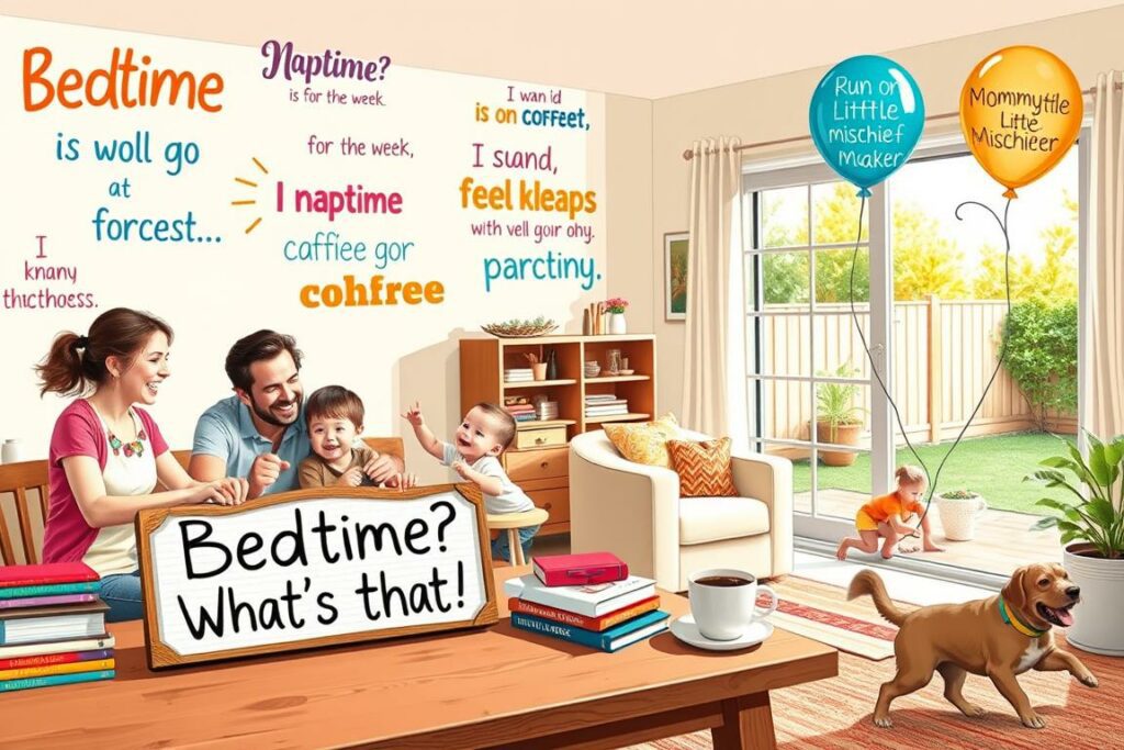 A vibrant, whimsical scene depicting a typical day in the life, showcasing humorous catchphrases and quirky observations that capture the lighthearted spirit of parenting. In the foreground, an energetic family gathers around the kitchen table, sharing a laugh over a playful sign that reads "Bedtime? What's that?" Colorful hand-lettered phrases adorn the walls, such as "Naptime is for the weak" and "I run on coffee and chaos." The middle ground features a cozy living room, where a stack of parenting books and a cup of strong coffee hint at the daily challenges and joys of raising children. The background offers a glimpse of a sun-dappled backyard, where a playful pup chases after a floating balloon bearing the text "Mommy's Little Mischief-Maker." An upbeat, vibrant atmosphere captures the everyday humor and resilience of modern family life.