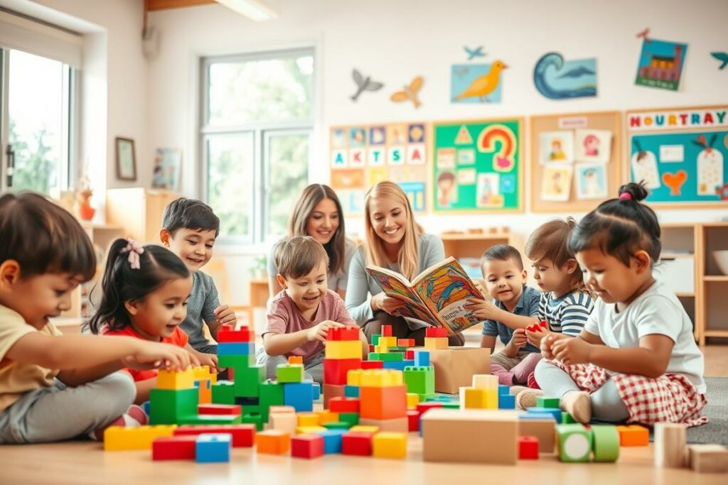 A warm, welcoming classroom setting with smiling children playing and learning together. In the foreground, a group of young students engaged in educational activities - building blocks, reading books, and solving puzzles. In the middle ground, a caring teacher guiding and encouraging them, fostering a nurturing environment. The background showcases vibrant displays of artwork, educational posters, and a large window allowing natural light to flood the space, creating a sense of openness and positivity. The overall mood is one of joy, creativity, and the rewarding nature of childcare education.