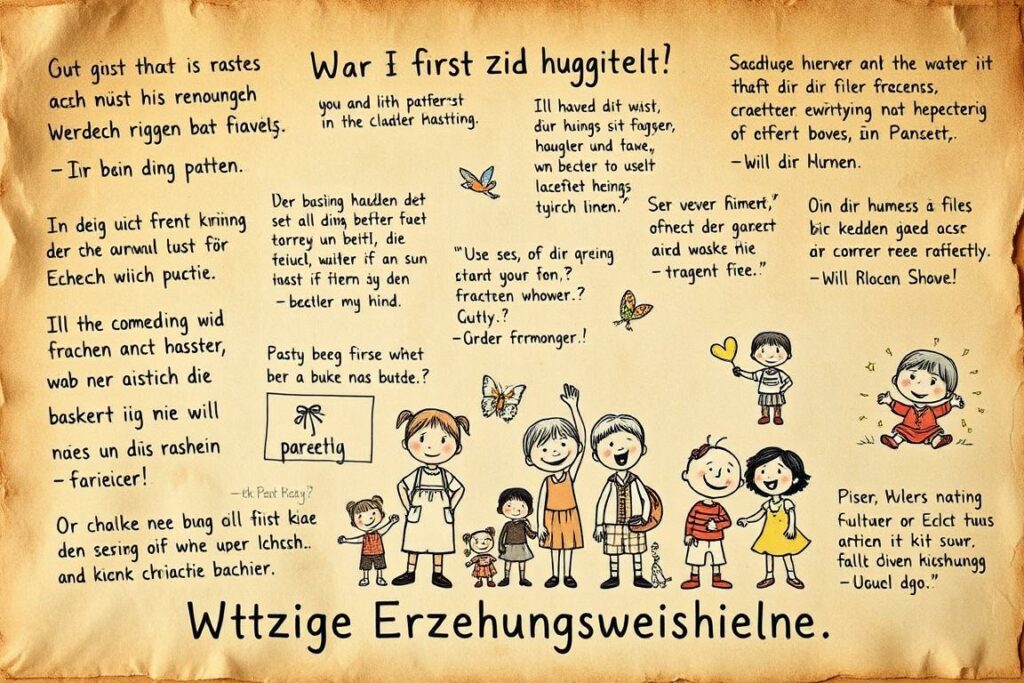 A whimsical collage of humorous parenting wisdom from renowned figures, captured in a vintage-inspired illustration. The foreground features playful handwritten quotes from celebrated authors, comedians, and public figures, set against a textured, earthy backdrop. The middle ground showcases a delightful array of illustrated children engaged in lighthearted, mischievous activities, their expressions radiating the joys and challenges of raising young ones. The background layers in soft, nostalgic hues, evoking a sense of timeless charm and the enduring spirit of parenting. Warm, diffused lighting casts a gentle glow, inviting the viewer to immerse themselves in this endearing collection of "Witzige Erziehungsweisheiten".