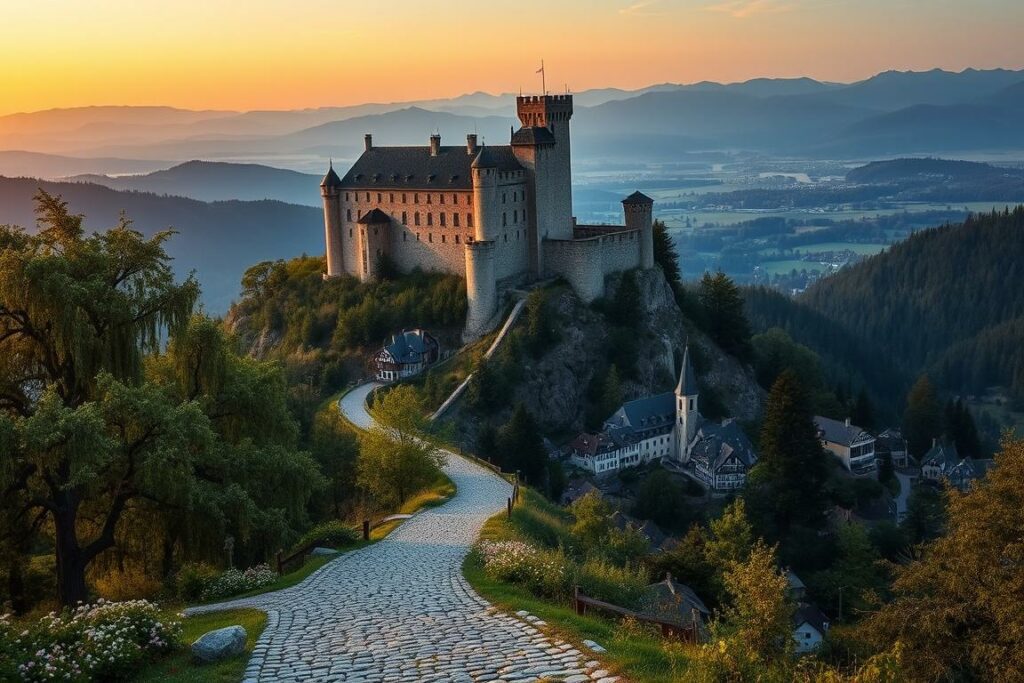 An imposing medieval castle perched atop a rugged, forested hill, its thick stone walls and towers bathed in the warm glow of the setting sun. In the foreground, a winding cobblestone path leads up to the castle's grand entrance, flanked by ancient oak trees and blooming wildflowers. The middle ground reveals a sprawling village nestled at the base of the hill, its quaint half-timbered houses and charming church steeple creating a picturesque scene. The background is filled with rolling hills and distant blue mountains, creating a breathtaking, quintessentially Bavarian landscape. The atmosphere is one of historical grandeur and serene tranquility, inviting the viewer to step back in time and explore the captivating mysteries of this magnificent burgen bayern.