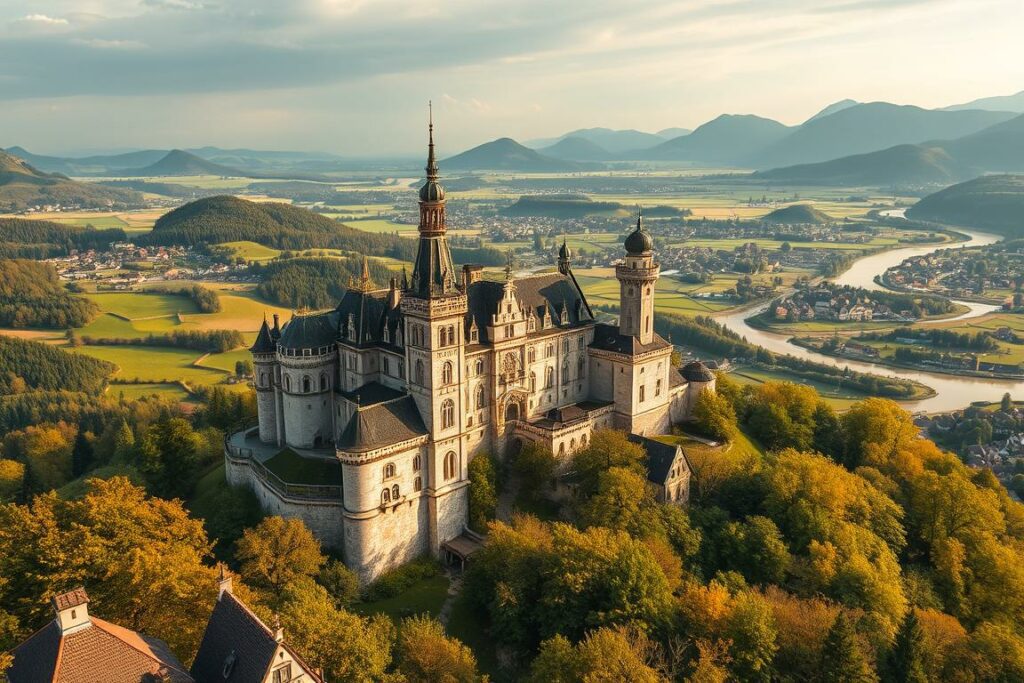 Castles of Bavaria: A magnificent medieval landscape. In the foreground, a grand castle towers, its ornate turrets and intricate stonework commanding attention. Surrounding it, verdant hills and rolling valleys, dotted with quaint villages and winding rivers. Soft, warm lighting bathes the scene, casting a golden glow and highlighting the rich textures of the architecture. The overall atmosphere is one of timeless elegance and historic grandeur, inviting the viewer to step into a bygone era of princely splendor. A wide-angle lens captures the full scope of this picturesque Bavarian tableau, showcasing the region's unparalleled natural beauty and architectural brilliance.