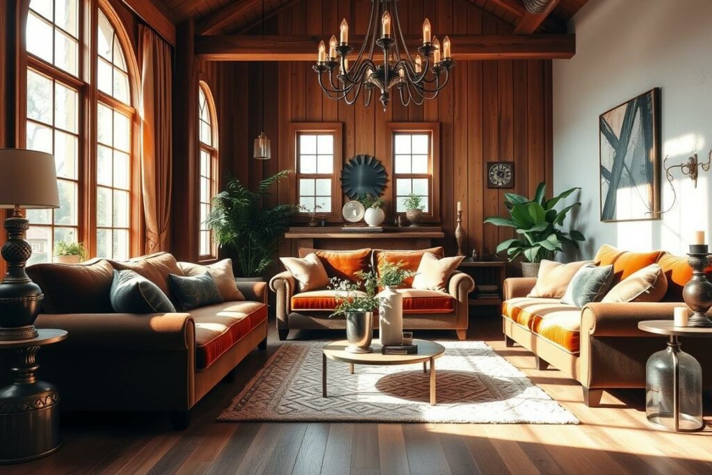 Cozy and inviting living room with plush velvet furnishings in warm earthy tones. Sunlight streams through large windows, casting a soft, natural glow. Wooden floors and accents add rustic charm, complemented by lush greenery and decorative pillows. Elegant chandelier overhead, creating a relaxing, sophisticated ambiance. Thoughtfully curated decor pieces, such as vases and candlesticks, add visual interest. The scene evokes a sense of comfort and style, reflecting a harmonious and inspiring living space.