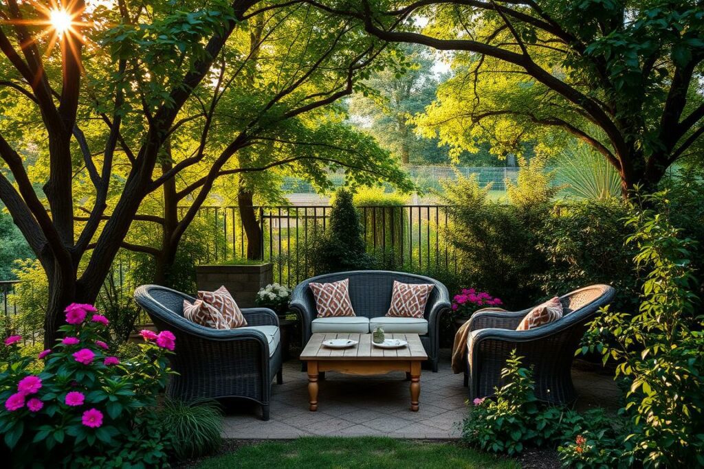 Cozy garden nook with a comfortable seating arrangement nestled in a lush, verdant setting. Soft afternoon sunlight filters through the canopy of mature trees, casting a warm, golden glow. A wicker loveseat and two armchairs are positioned around a rustic wooden coffee table, inviting visitors to relax and enjoy the peaceful ambiance. Vibrant flowering plants and greenery surround the secluded oasis, creating a sense of tranquility and privacy. The scene evokes a serene, contemplative mood, perfect for a quiet moment of respite in the great outdoors.