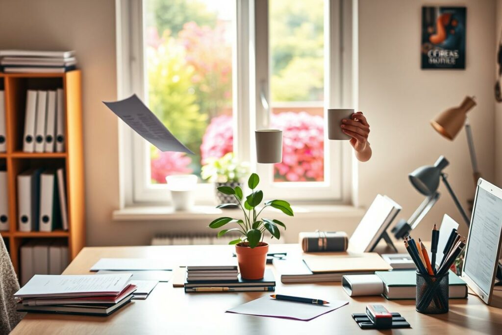 Prompt A lighthearted and whimsical scene depicting a balanced work-life dynamic. In the foreground, a person in casual attire playfully juggles work documents and a cup of coffee, conveying a sense of effortless multitasking. The middle ground features a desk with various office supplies and a potted plant, all arranged in a visually pleasing, organized manner. In the background, a window offers a glimpse of a vibrant, colorful outdoor setting, hinting at the individual's ability to step away from work and enjoy leisure time. The lighting is warm and natural, creating a cozy, inviting atmosphere. The overall composition reflects a harmonious blend of productivity and relaxation, emphasizing the importance of a humorous and enjoyable work-life balance.