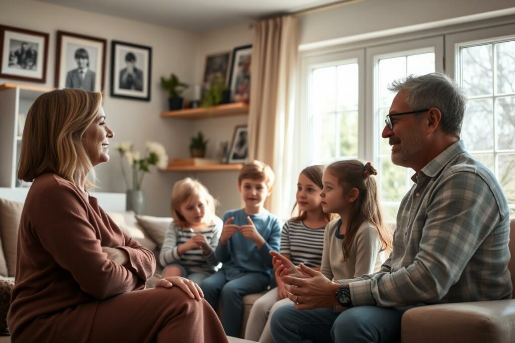 A cozy family gathering in a sunlit living room, with a warm, inviting atmosphere. In the foreground, a mother and father engage in a thoughtful discussion, their body language conveying open and attentive communication. In the middle ground, their children, of different ages, observe the scene, some nodding in understanding, others gesturing to contribute. The background features framed family photos and potted plants, suggesting a nurturing, domestic setting. Soft, diffused lighting from large windows casts a gentle glow, fostering a sense of intimacy and emotional connection. The overall mood is one of harmonious dialogue, where family members work together to resolve conflicts through open and empathetic exchange.