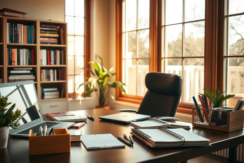 A cozy home office, flooded with warm, natural light streaming through large windows. In the foreground, a well-organized desk with a laptop, stationery, and a neatly arranged planner. Beside it, a stylish desk organizer holds various productivity tools. In the middle ground, a comfortable office chair and a potted plant, creating a sense of balance and calm. The background features a bookshelf filled with parenting resources and self-help books, hinting at the subject's focus on personal growth and family management. The overall atmosphere conveys a serene, yet productive environment, reflecting the strategies for improving efficiency in the daily lives of parents.