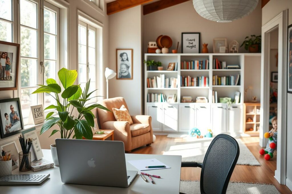 A cozy home office with natural light streaming through large windows, showcasing a flexible workspace for a parent. In the foreground, a desk with a laptop, stationery, and a vibrant plant. On the wall, framed family photos and inspirational artwork. In the middle ground, a comfortable armchair and a bookshelf filled with parenting resources. The background features a play area with toys and a cozy reading nook, reflecting the balance between work and family life. The overall scene exudes a warm, inviting atmosphere, capturing the essence of flexible work arrangements for parents.