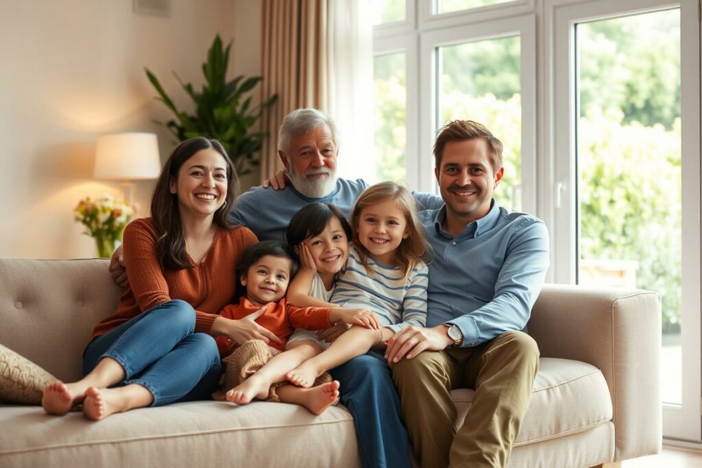 A cozy living room, bathed in soft, warm lighting. In the foreground, a young family - a mother, father, and two children - are gathered on a plush sofa, smiling and embracing. The middle ground features a grandparent or close friend, joining the family, extending a welcoming arm. In the background, a window overlooking a vibrant, verdant garden, symbolizing the nurturing, supportive environment surrounding them. The scene radiates a sense of togetherness, comfort, and the vital role that a close-knit community plays in maintaining a healthy work-life balance for parents.