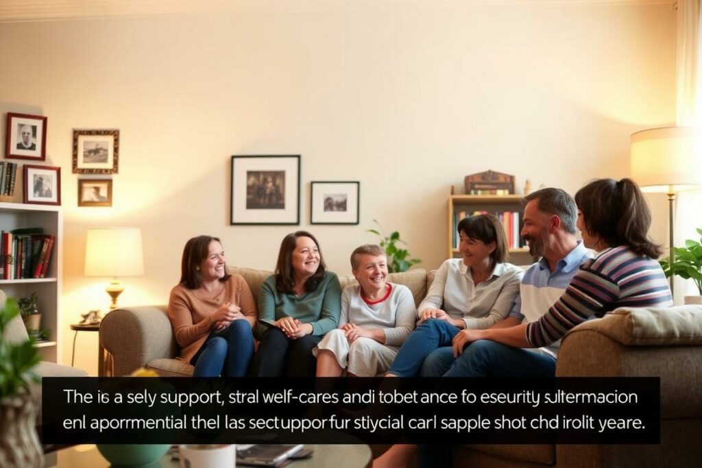A cozy living room with warm lighting, a comfortable sofa, and a family gathered around, engaged in conversation and laughter. In the background, framed photographs and a bookshelf filled with volumes, suggesting a sense of community and shared history. The scene conveys a feeling of security, support, and the importance of nurturing relationships. The overall atmosphere is one of contentment and the recognition that a strong support system is essential for well-being and self-care.