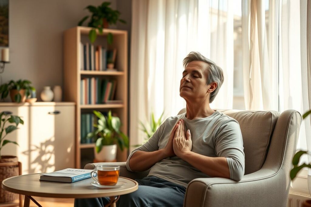 A cozy, sunlit home interior with a parent sitting in a comfortable armchair, practicing deep breathing exercises. Soft light filters through sheer curtains, casting a warm, serene glow. The parent's expression is one of tranquility, their shoulders relaxed. Beside them, a small table holds a cup of herbal tea and a book on mindfulness. In the background, a tidy bookshelf and houseplants create a calming, natural atmosphere. The overall scene conveys a sense of Achtsamkeit (mindfulness) and Entspannung (relaxation) that busy parents can find in their own homes.
