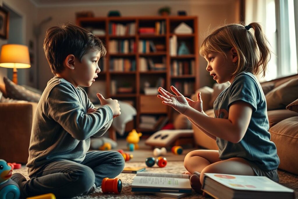 A family living room filled with two young siblings in a heated argument, their expressions conveying frustration and tension. The foreground features the siblings facing each other, body language indicating a clash of opposing views. The middle ground depicts scattered toys and books, hinting at the context of their dispute. The background showcases a cozy, warmly lit interior with bookshelves and a warm-toned rug, creating a sense of domestic intimacy. Soft, dramatic lighting casts shadows, heightening the emotional intensity. The overall atmosphere conveys the complexities of sibling relationships and the universal challenges of conflict resolution.