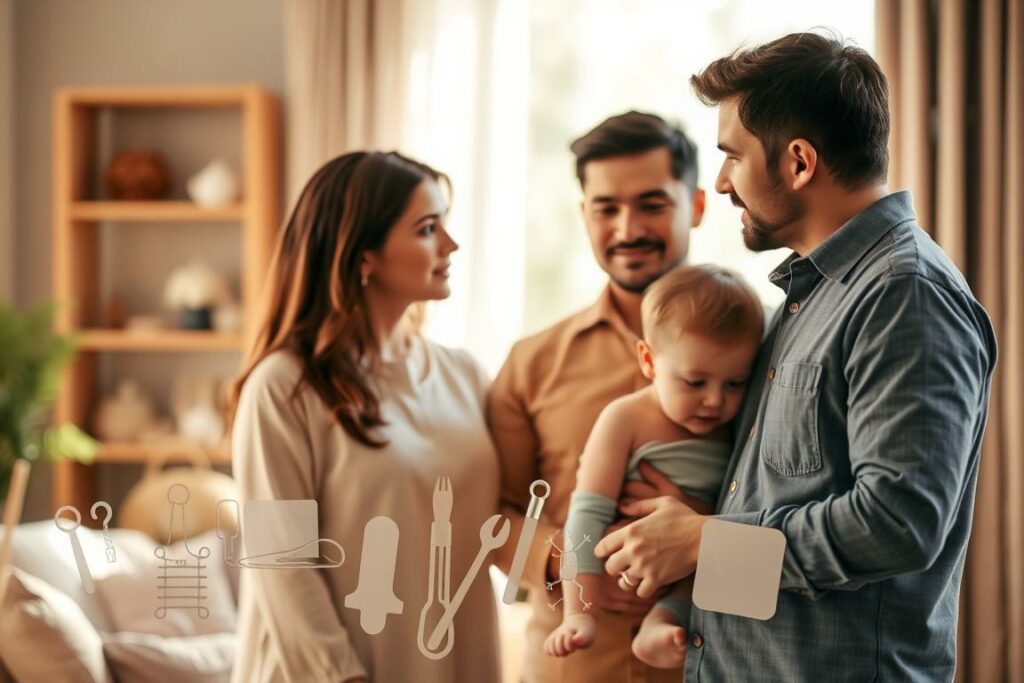 A family standing together, thoughtfully considering their options for parenting. In the foreground, a warm-toned scene shows a mother, father, and child engaged in a gentle discussion, their expressions reflecting consideration and care. The middle ground features various child-rearing tools and resources, symbolizing the process of finding the right approach. The background is softly blurred, creating a sense of focus and contemplation. Soft, natural lighting illuminates the scene, evoking a serene and introspective atmosphere. The composition encourages the viewer to join the family in their journey of discovering the most suitable parenting style.