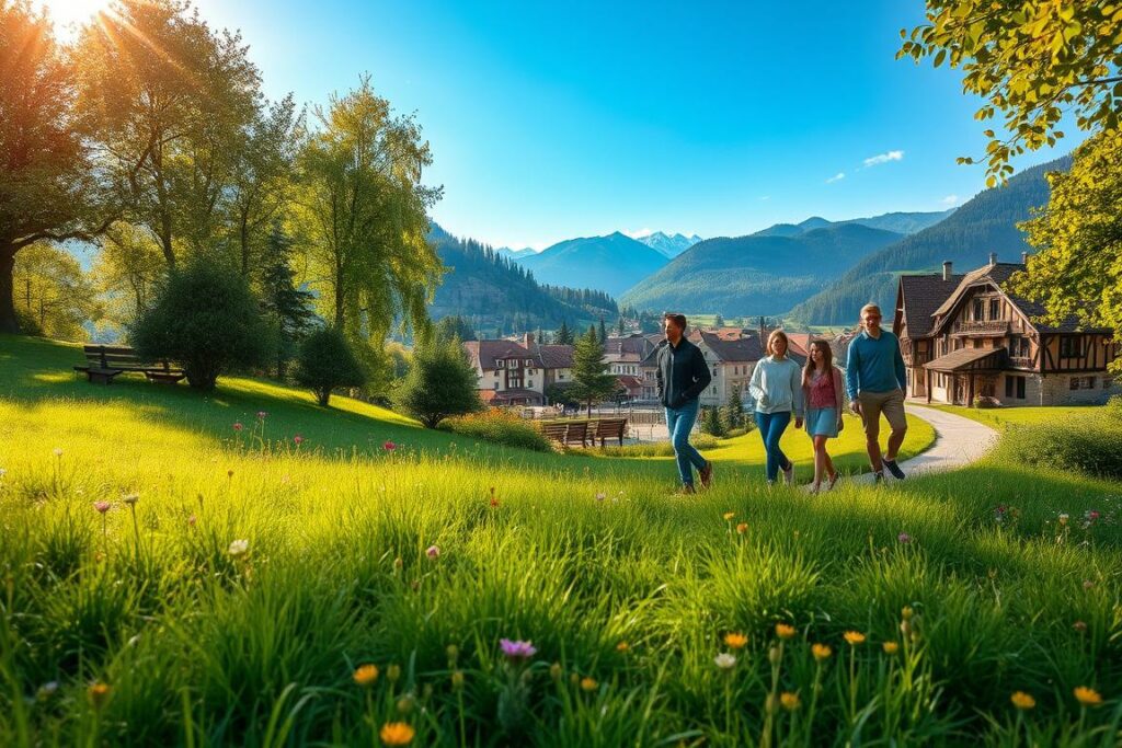 A lush, verdant meadow stretches out in the foreground, dotted with vibrant wildflowers and grassy knolls. In the middle ground, a picturesque Bavarian town comes into view, its charming half-timbered buildings and cobblestone streets nestled against a backdrop of rolling hills and majestic peaks. Sunlight filters through the canopy of trees, casting a warm, golden glow over the scene. A family of four, clad in casual, comfortable attire, explores the tranquil pathways, taking in the breathtaking natural beauty that surrounds them. The overall atmosphere is one of serenity, family bonding, and a deep appreciation for the captivating landscapes of Bavaria.