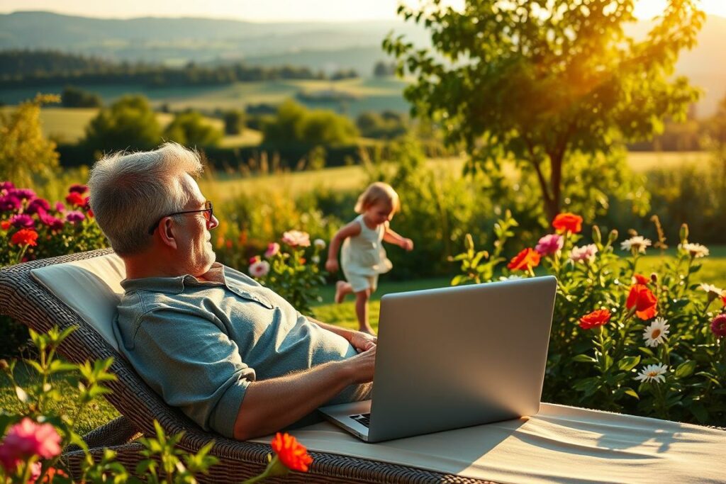 A peaceful, sun-dappled scene of a parent and child relaxing in a lush garden. In the foreground, the parent reclines on a wicker chaise, laptop open, yet their gaze is drawn to the child playing joyfully amidst vibrant flowers and greenery. The middle ground features the child's carefree exploration, capturing the balance between work and family life. The background depicts a serene, picturesque landscape with rolling hills and a distant horizon, symbolizing the broader context of work-life harmony. Warm, golden lighting filters through the foliage, creating a sense of tranquility and contentment. The composition conveys the importance of finding time for both professional and personal fulfillment as a parent.